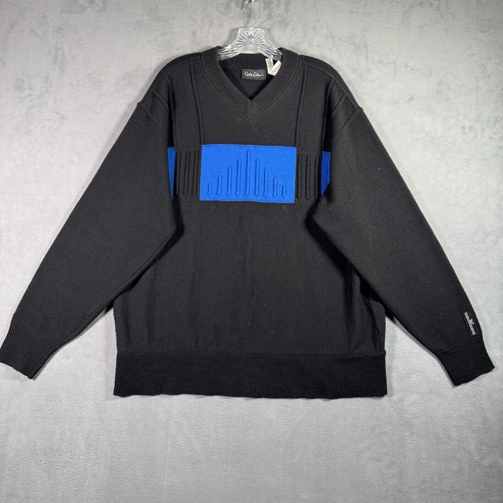 VTG Carlo Colucci Sweater Mens Size 52/ L Black Blue 3D‎ Knit Wool Blend Cosby